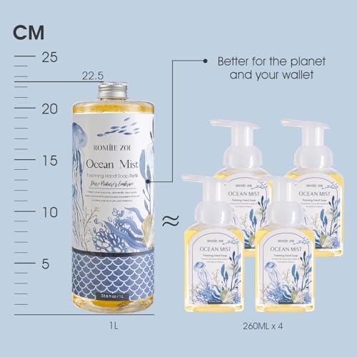 ROMIIE ZOI Hand Soap Refills, Foaming Hand Soap Natural Plant Moisturizing Handsoap Fragrance Ocean Mist - Soft Hand Wash for Kitchen & Bathroom - with Foam Soap Dispenser 1L/33.8oz Pack of 3