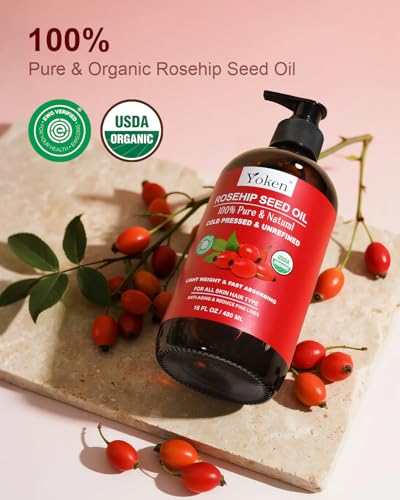 Organic Rosehip Seed Oil 16oz - Cold Pressed in Glass Bottle - Multi-Use Skin & Hair Nourishment