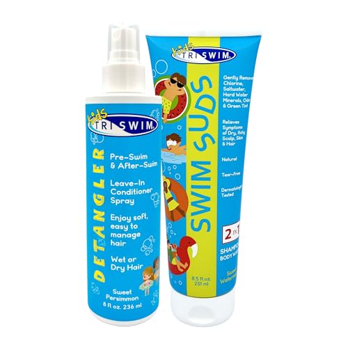 TRISWIM Kids Swim Care Bundle with Sweet Persimmon Scent - 8.5 oz Shampoo & 8 oz Detangler Spray