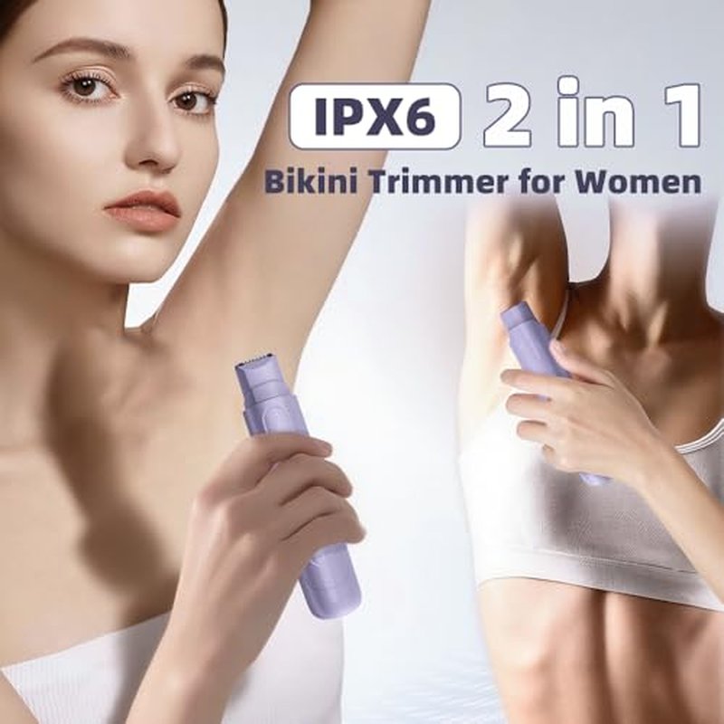 2 in 1 Women's Electric Shaver, Dual Head Bikini Hair Trimmer, IPX6 Waterproof, Wet & Dry, Bikini Underarm Leg Arm Body Facial Epilator, (Purple)