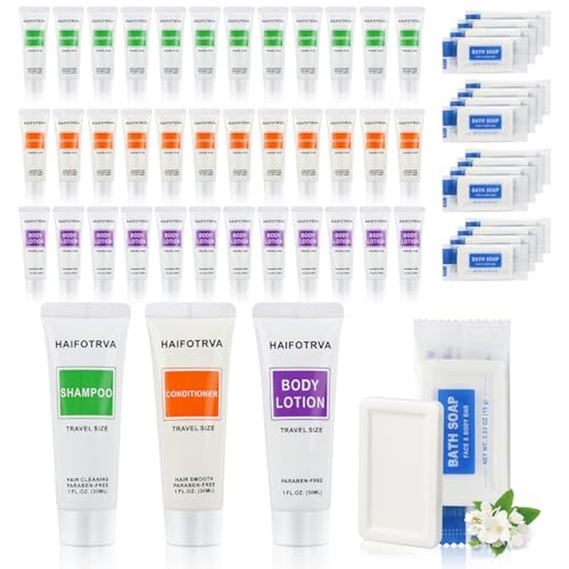 100 Pcs 4-IN-1 Hotel Soaps and Toiletries Bulk Set,4-Piece Set Mini Bulk Travel Size Toiletries Set 1 oz each Shampoo,Conditioner, Body Lotion and 0.53 oz Soap Hotel Supplies for Guests,Homeless