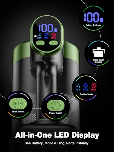 Cordless Vacuum Cleaner 58KPa Suction 60Min Runtime Self-Standing Stick Vacuum - Green