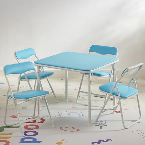 VECELO Kids Folding Activity Table and Chairs Set - Blue & White, 5 Pieces, Portable, Padded Cushions, No Assembly