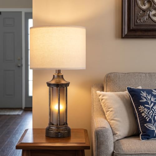 Seealle 24-inch Farmhouse & Industrial Table Lamp with Oat Shade & Bronze Base - Dual LED Night & Task Light, Black