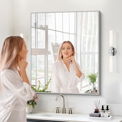 COFENY Silver Bathroom Mirror 36x30 Inch Rectangle Wall Mirror with Metal Frame, Modern Vanity for Bathroom & Entryway - Horizontal or Vertical Hanging