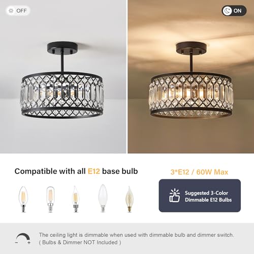 Crystal Black Ceiling Light - 12 Inch 3-Light Semi Flush Fixture - Modern Home Lighting