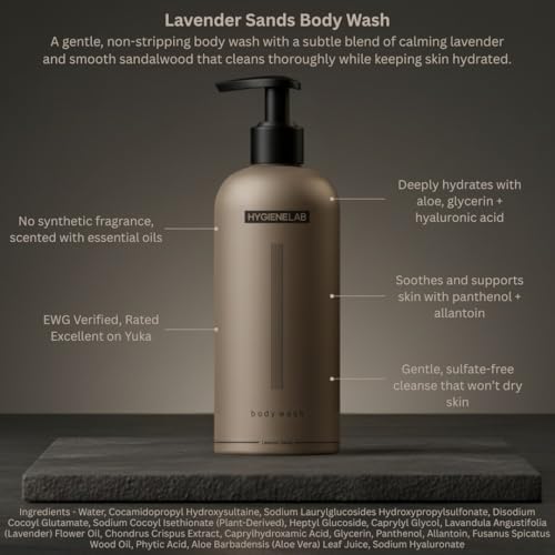 HygieneLab Mens Natural Body Wash - Ultra Hydrating, EWG Verified Clean Formula, Lavender Sands Scent, Sulfate-Free, Paraben-Free, Phthalates-Free, Gentle & Effective for Healthy Skin (10 oz)