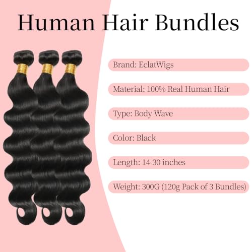 EclatWigs Body Wave Human Hair Extensions 3 Bundles 16-30 Inch Natural Black