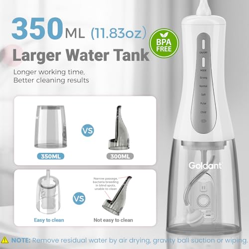 GOLDANT White 350ML Water Flosser with Stand, 5 Modes, Rechargeable & Waterproof