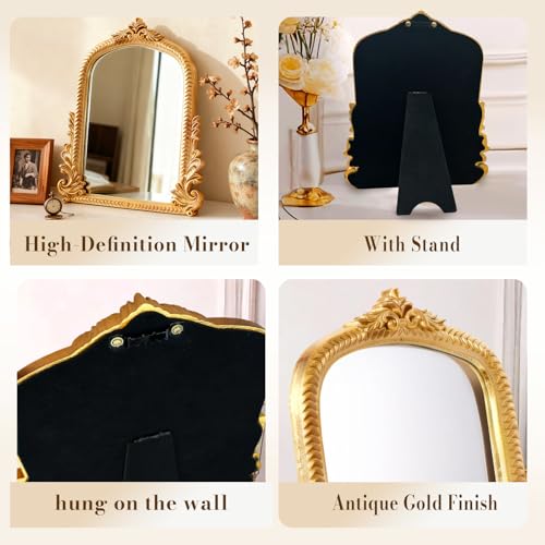 YUSONG Vintage Desk Mirror 11.4" x 9.2" Gold Antique Tabletop Mirror with Resin Frame
