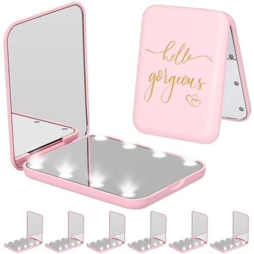 6 Pcs Hello Gorgeous Compact Mirror Pink 1x/2x Magnification Makeup Mirror Pocket with LED Light for Purse, Travel, Gorgeous Gift for Woman Mother Nurse Bridesmaid Sleepover Spa Party