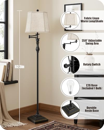 Black 62-Inch Adjustable Floor Lamp with Swing Arm and Linen Shade