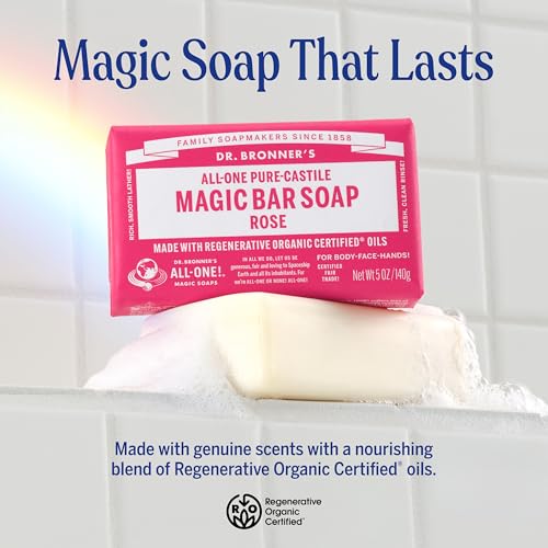 Dr. Bronner's Rose Castile Bar Soap 5 oz Pack of 6 - Natural Organic Vegan