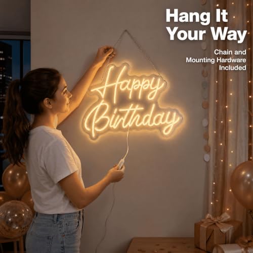 Happy Birthday Neon Sign - 22x16.9 Inch LED Dimmable Warm White Party Decor