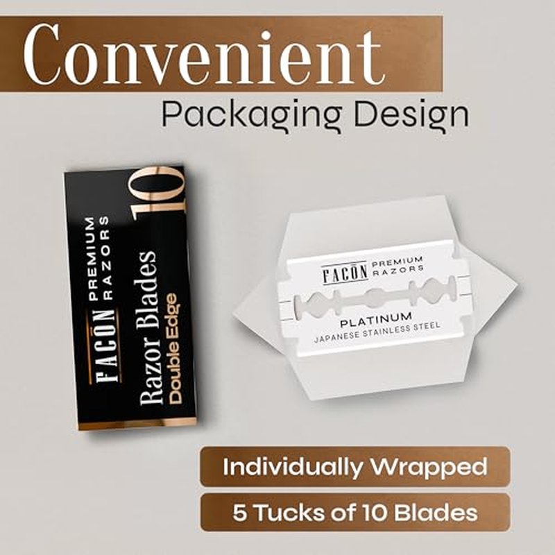 50 Fac?n Double Edge Razor Blades for Safety Razor, Safety Razor Blades for Shaving, Platinum Japanese Stainless Steel for Smooth & Precise Shave, Premium Replacement Razor Blade for Men & Women