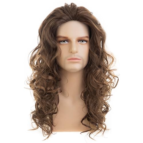 RicHyun Men's Long Curly Wavy Brown Wig Synthetic Cosplay Hair - Halloween & Party Costume