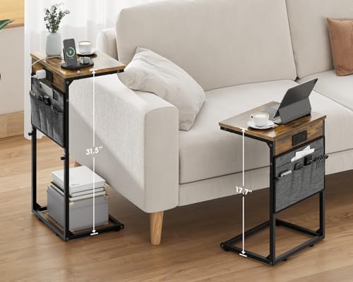 Vagusicc 2-Piece Adjustable C-Shaped End Table Set with Charging Station - Rustic Brown, 16''D x 12''W x 18-32''H