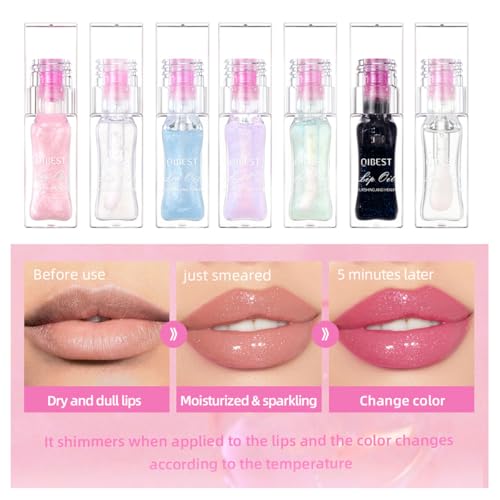 Magic Color Changing Lip Oil Ph, Glitter Lip Gloss, Upgraded Big Brush Head Moisturizing Lip Oil, Color Changing with Temperature, Moisturizing & Sparkling (Pink, 0.3 Oz)