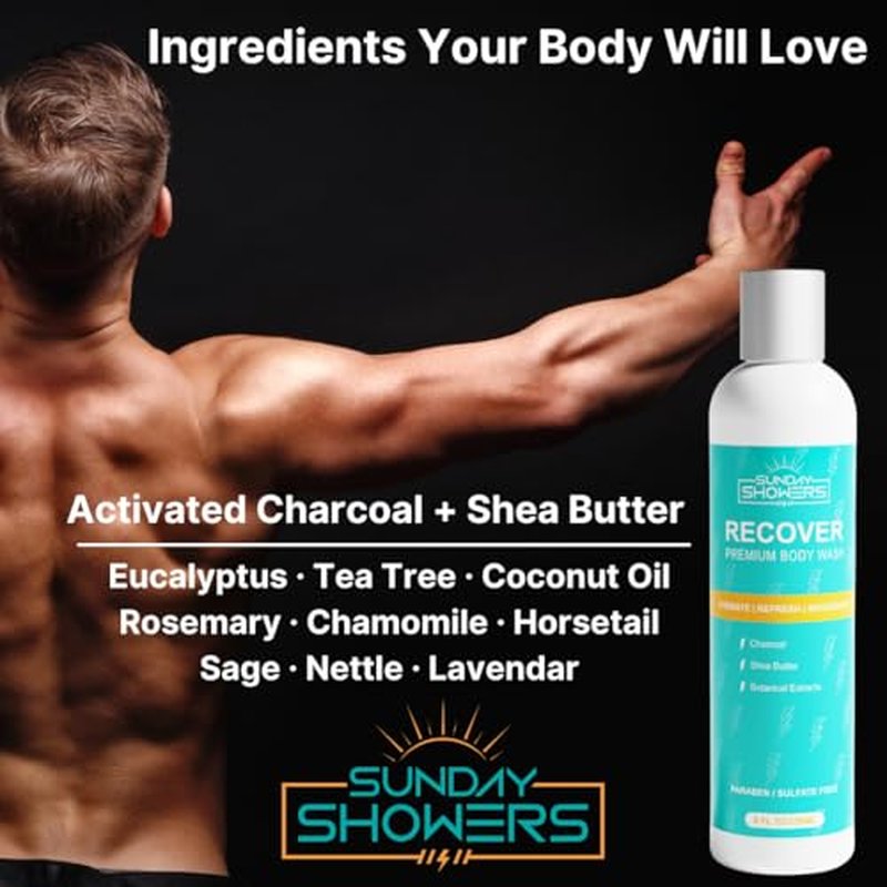 All Natural Recovery Body Wash - Revitalize and Rejuvenate with clean premium ingredients: Charcoal, Shea Butter, Eucalyptus, Tea Tree, Coconut Oil, Rosemary, Chamomile, Sage