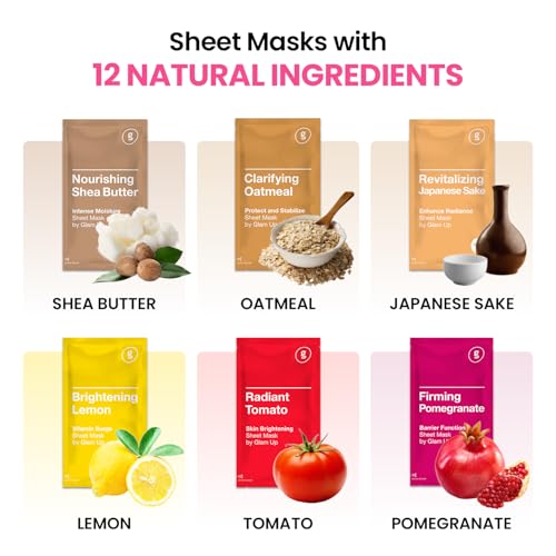 GLAM UP Korean Facial Sheet Mask 12 Combo Pack | Hydrating & Moisturizing Face Mask for Glass Skin | Soothing Korean Skincare for Sensitive, Dry Skin | Bulk Face Masks Gift Set for Home Spa