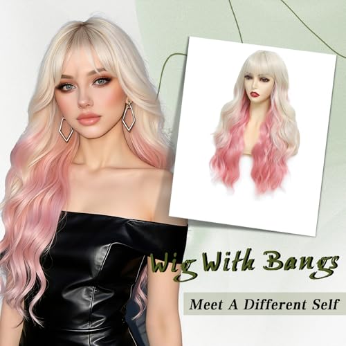 Angzon Blonde Pink Wavy Wig with Bangs, 26 Inch, Heat-Resistant Synthetic Fiber
