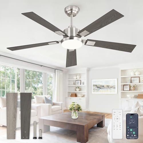 Glowivia 52-Inch Brushed Nickel Ceiling Fan with Dimmable RGB Lights & Remote - Modern 6-Speed Reversible Fan for Living Room & Bedroom, Model 1