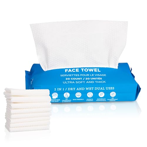 Disposable Face Towels - Ultra-Soft Biodegradable Makeup Remover Wipes, Travel Facial Cleansing Cloths, 20 Count