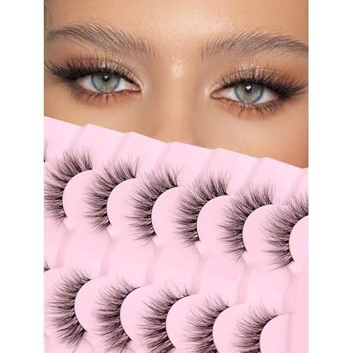 Natural Cat Eye Lashes Wispy Eyelashes 14mm Lightweight False Eyelashes 3D Volume Natural Lashes 0.1mm Thin Cotton Band Lash Strips Pack C Curl Soft Eyelash 7 Pairs Siligli