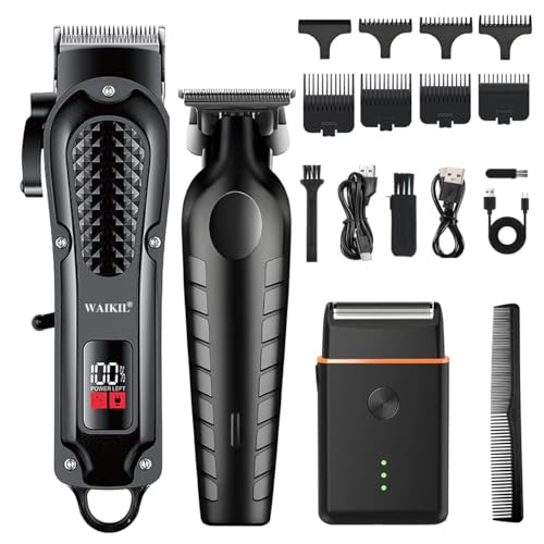 WAIKIL Cordless Hair Clippers for Men,Professional Barber Set with T Outliner Trimmer and Foil Shaver,LCD Display,Rechargeable Beard Trimmer Grooming Kit