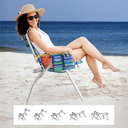 Tall Backpack Beach Chair with Wooden Armrests, 17" Seat Height, 5 Reclining Positions - Blue & Green Variation
