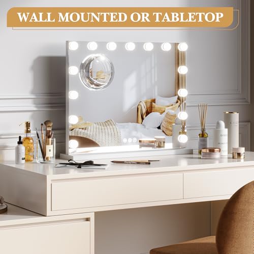 GAOMON Vanity Mirror with Lights, Lighted Mirror with 15 Dimmable LED Bulbs, Makeup Mirror with 3X Magnification, 3 Colors Modes,Touch Control, Metal Frame,White