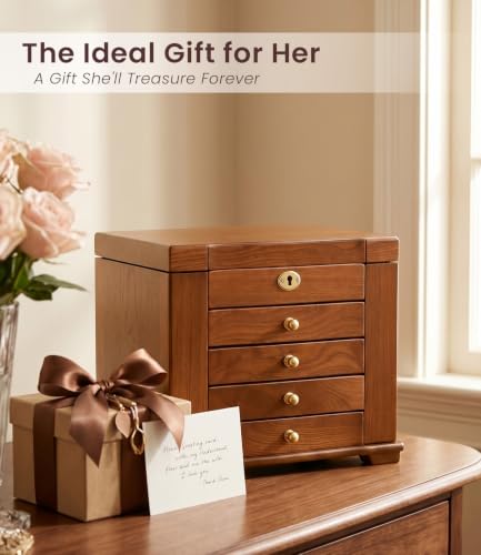 Wood Jewelry Box Organizer with Lockable Drawers & Mirror - 5 Compartments