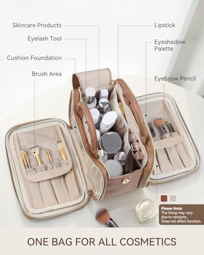 Prite Brown Large Travel Makeup Bag with Standing Brush Holder – Waterproof Cosmetic Organizer