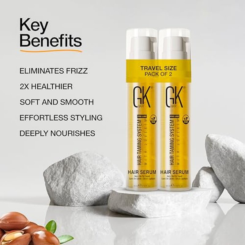 GK HAIR Travel Size Hair Oil - Vegan Argan Oil Frizz Ease Serum- Adds Smooths, Softness & repair Split Ends Paraben, Phthalate and Sulfate Free Pack of 2(0.34 oz)