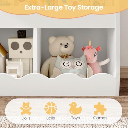 White Cloud Kids Bookshelf and Toy Storage - Toddler Bookcase with 2 Toy Bins, Children's Wooden Organizer