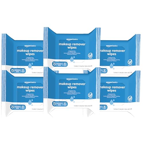 Makeup Remover Wipes - Fragrance-Free, Alcohol-Free, Gentle Cleansing, 25 Count, Pack of 6
