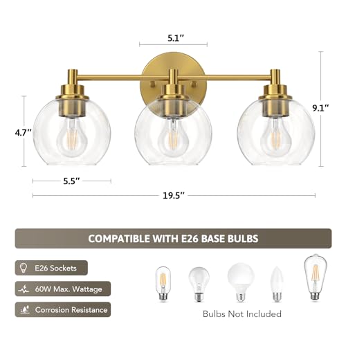 VONLUCE 3-Light Bathroom Vanity Light Fixture - Gold Finish, Modern Glass Shades, Dimmable