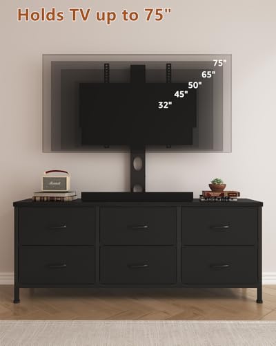 DrawXynth Black TV Stand with Mount and 6 Fabric Drawers for 32-75 Inch TVs