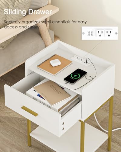 Masupu White Nightstand with Charging Station, 3-Tier Bedside Table with Drawer & Shelf