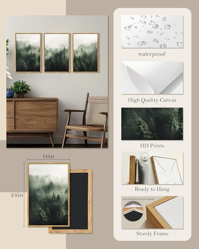 Green Forest Canvas Wall Art 16x24in Framed Nordic Nature Scene - Large Decor