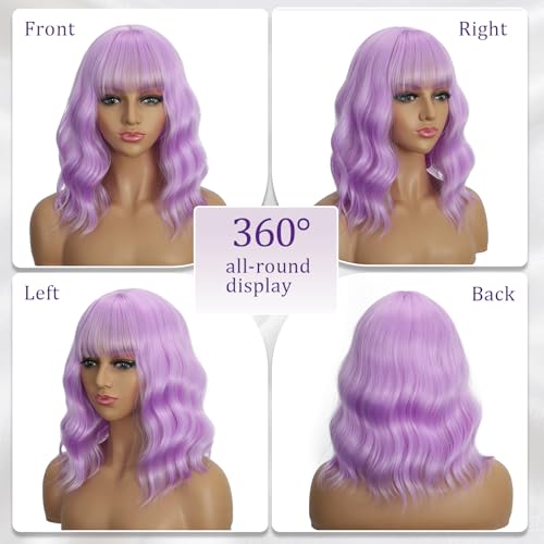 Mxayhnajxl Purple 14 Inch Wavy Bob Wig with Bangs for Women - Cosplay & Daily Use