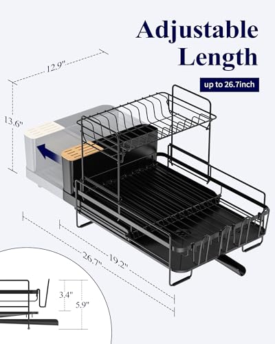 Kitsure Extendable Dish Drying Rack 2-Tier Black, Adjustable Kitchen Drainer