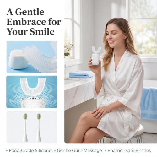 Electric Sonic U-Shaped Toothbrush for Adults with 5 Brush Heads & Storage Cup - White-Cup