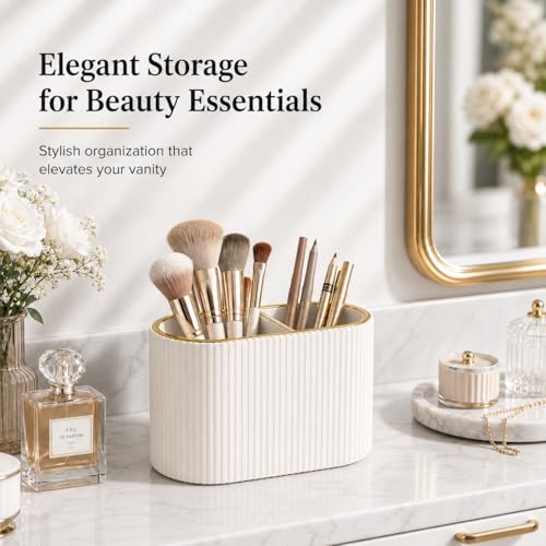 Cream White Makeup Brush Holder Organizer with 2 Slots - PU Leather Vanity Storage