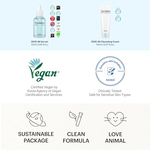 TORRIDEN Dive-in Low-molecular Hyaluronic Acid Serum 1.69 fl oz + Facial Cleansing Foam 5.07 fl oz | Vegan Clean Cruelty Free Facial Deep Hydrating Moisturizer and Cleanser