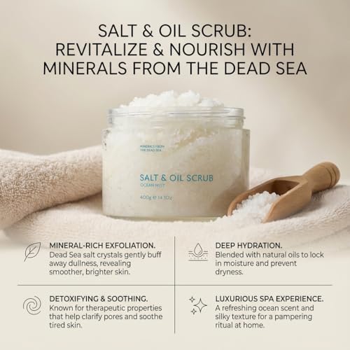 Ocean Mist Dead Sea Salt & Oil Body Scrub - Moisturizing Exfoliant for Rough Skin, Strawberry Legs, KP, 14.1 Fl Oz