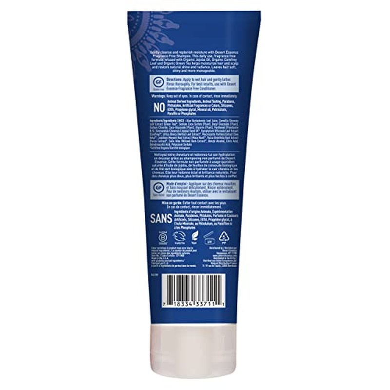 Desert Essence Fragrance Free Shampoo - Pure - 8 Fl Ounce - Pack of 3 - Unscented - Gloss & Shine - Strengthens Hair - Soft & Revitalized - Green Tea - Vitamins & Minerals - Jojoba Oil
