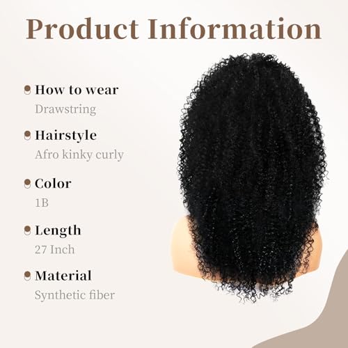 27-Inch Drawstring Ponytail Extension for Black Women, Kinky Curly Hairpiece