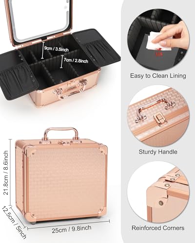 Relavel Small Rose Gold Makeup Bag with LED Mirror & Travel Organizer
