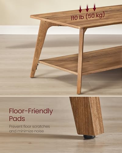 VASAGLE Honey Brown 2-Tier Coffee Table with Storage & Tapered Legs